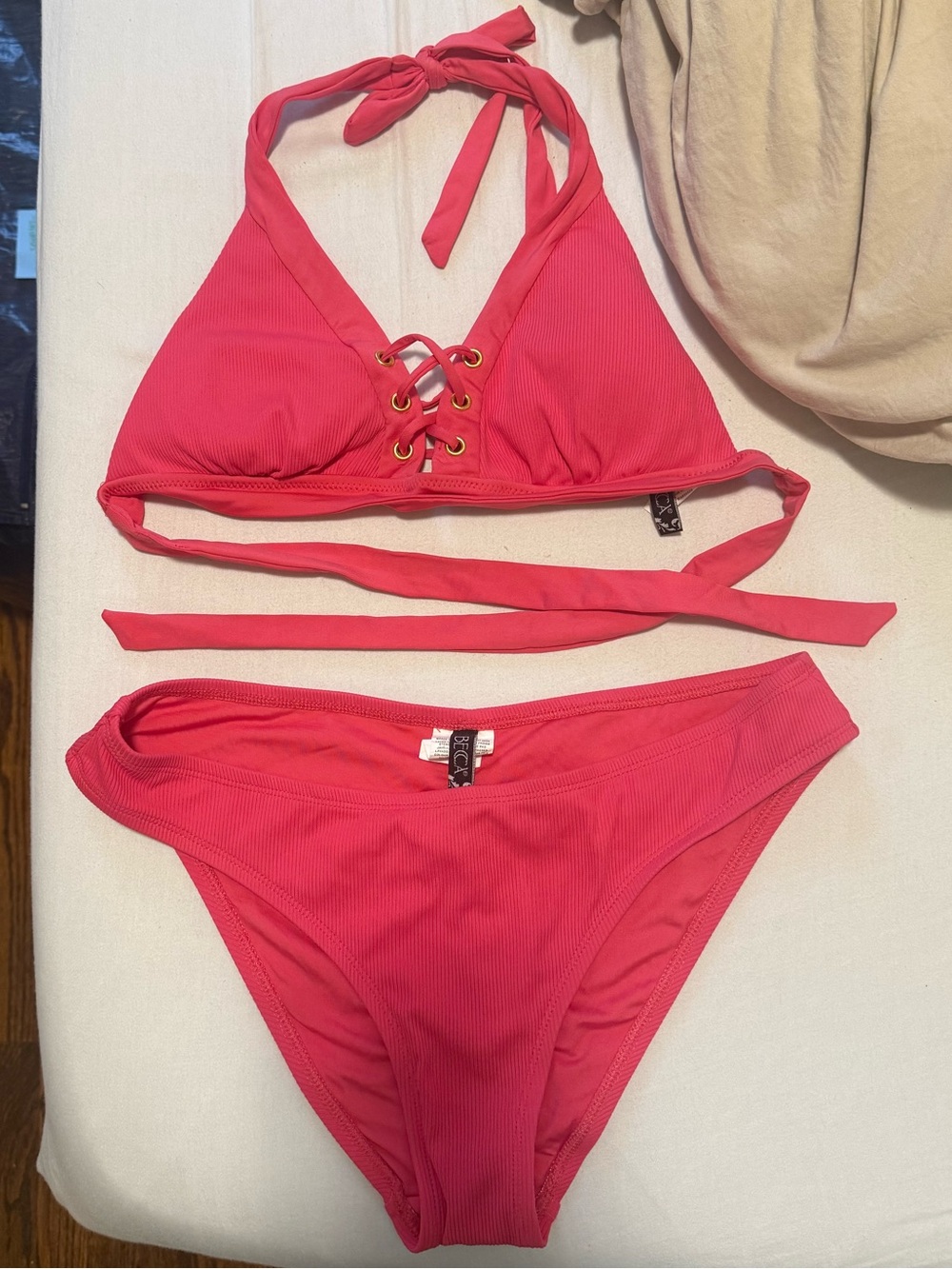 BECCA Ribbed Lace-Up Halter Bikini Set - Hot Pink